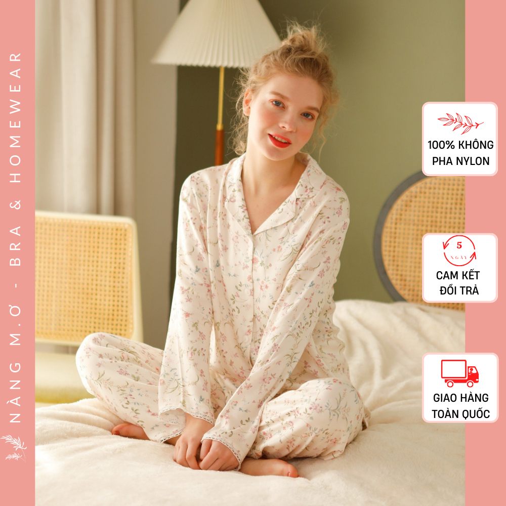 Bộ đồ pyjamas viscose cao cấp dài tay hoa nhí gấu ren