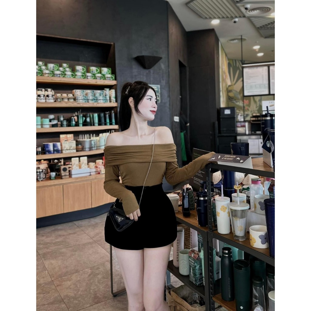 Áo thun dài tay nữ trễ vai trơn tiểu thư xinh xắn hàng QC0509