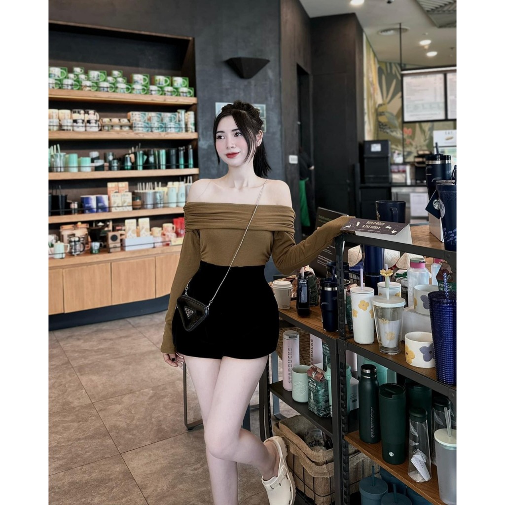 Áo thun dài tay nữ trễ vai trơn tiểu thư xinh xắn hàng QC0509