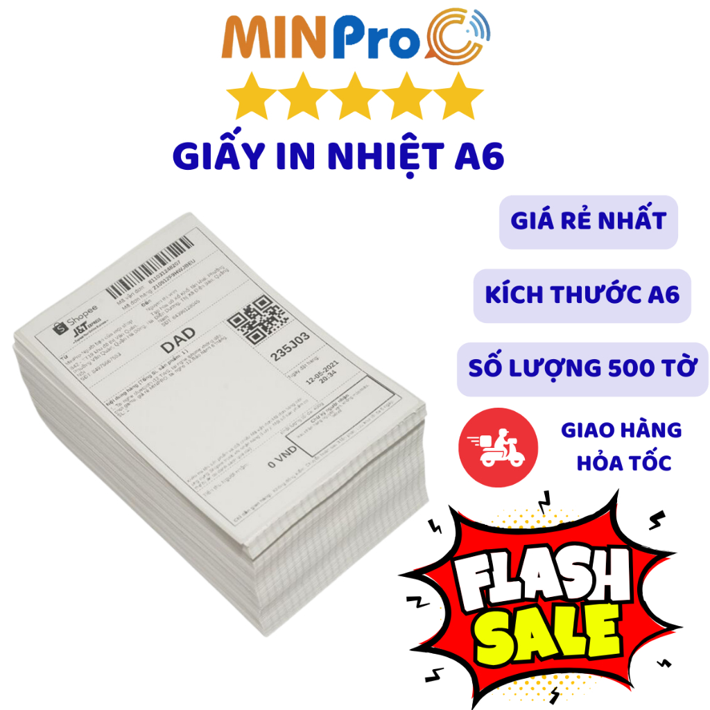 Giấy in nhiệt MINPRO tự dính 500 tờ khổ A6 100x150 in đơn hàng, mã vạch, in bill không phai chữ