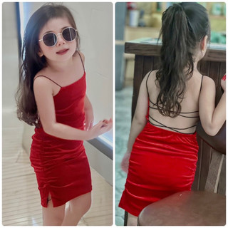 Đầm Body Nhung Dây Rút Hở Lưng Dây Chéo Cho Bé Gái Sành Điệu