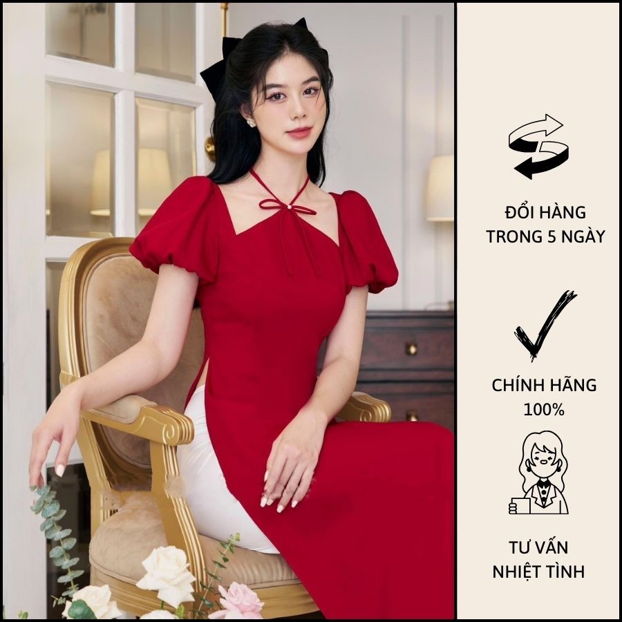 (Set Áo Dài) Thiết Kế Cách Tân Kiểu Dáng Hiện Đại Sang Trọng Cổ Yếm Đính Nơ Tay Bồng - T0830