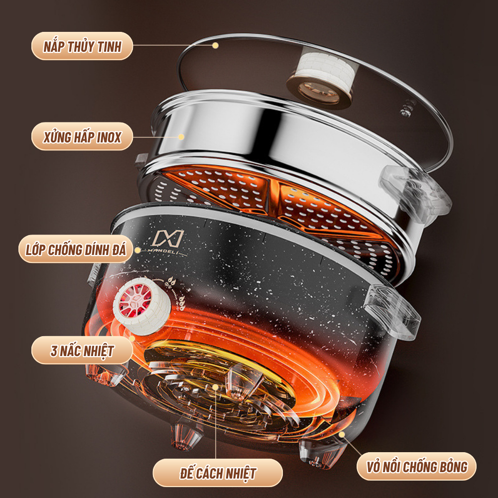 Nồi Lẩu Điện Đa Năng Mini MANDELI Cao Cấp, Nồi Điện Đa Năng Kèm Xửng Hấp Inox Dung Tích 4L Phù Hợp Cho Gia đình