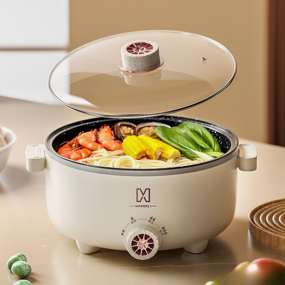 Nồi Lẩu Điện Đa Năng Mini MANDELI Cao Cấp, Nồi Điện Đa Năng Kèm Xửng Hấp Inox Dung Tích 4L Phù Hợp Cho Gia đình
