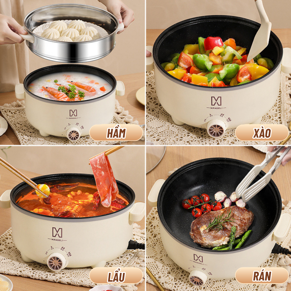 Nồi Lẩu Điện Đa Năng Mini MANDELI Cao Cấp, Nồi Điện Đa Năng Kèm Xửng Hấp Inox Dung Tích 4L Phù Hợp Cho Gia đình