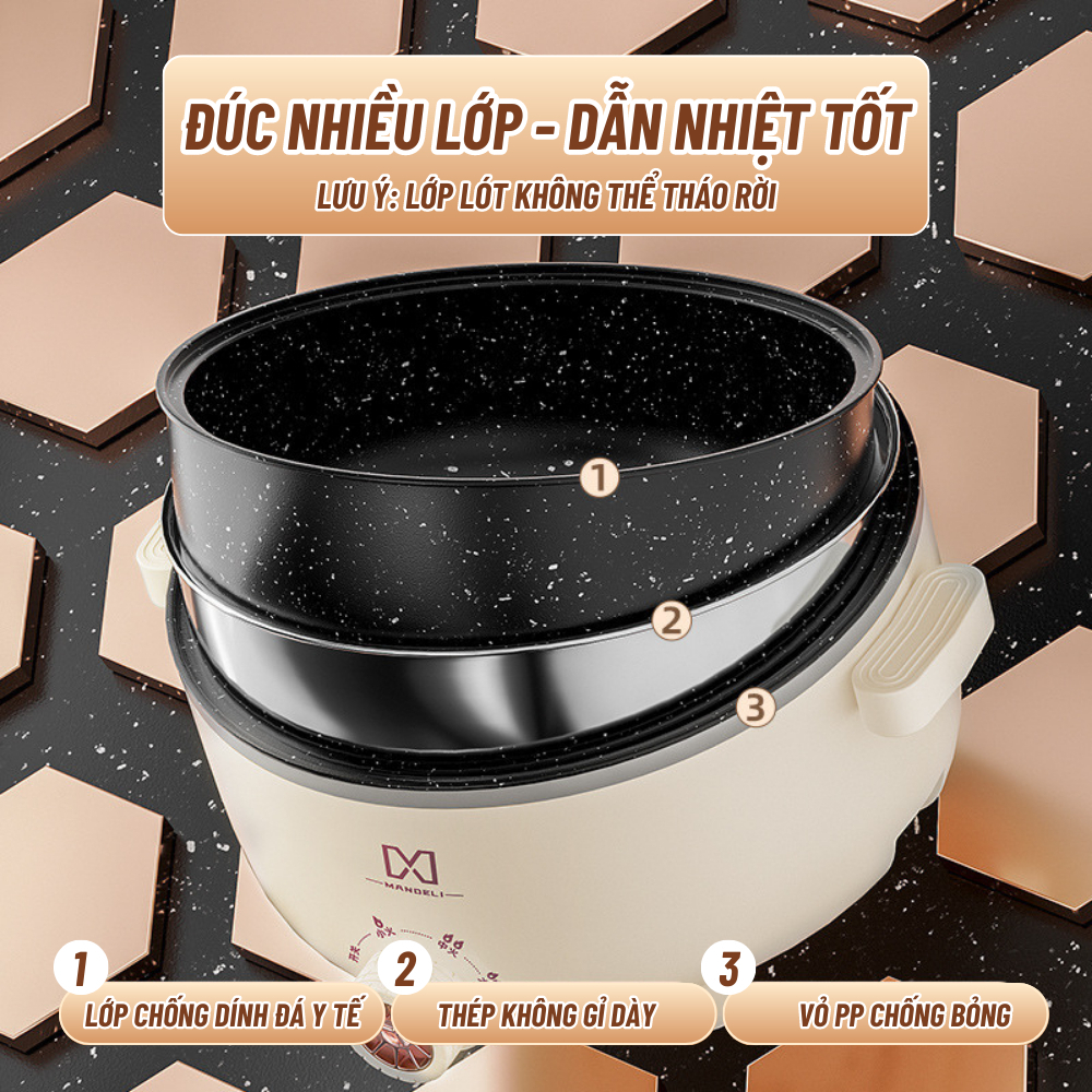 Nồi Lẩu Điện Đa Năng Mini MANDELI Cao Cấp, Nồi Điện Đa Năng Kèm Xửng Hấp Inox Dung Tích 4L Phù Hợp Cho Gia đình