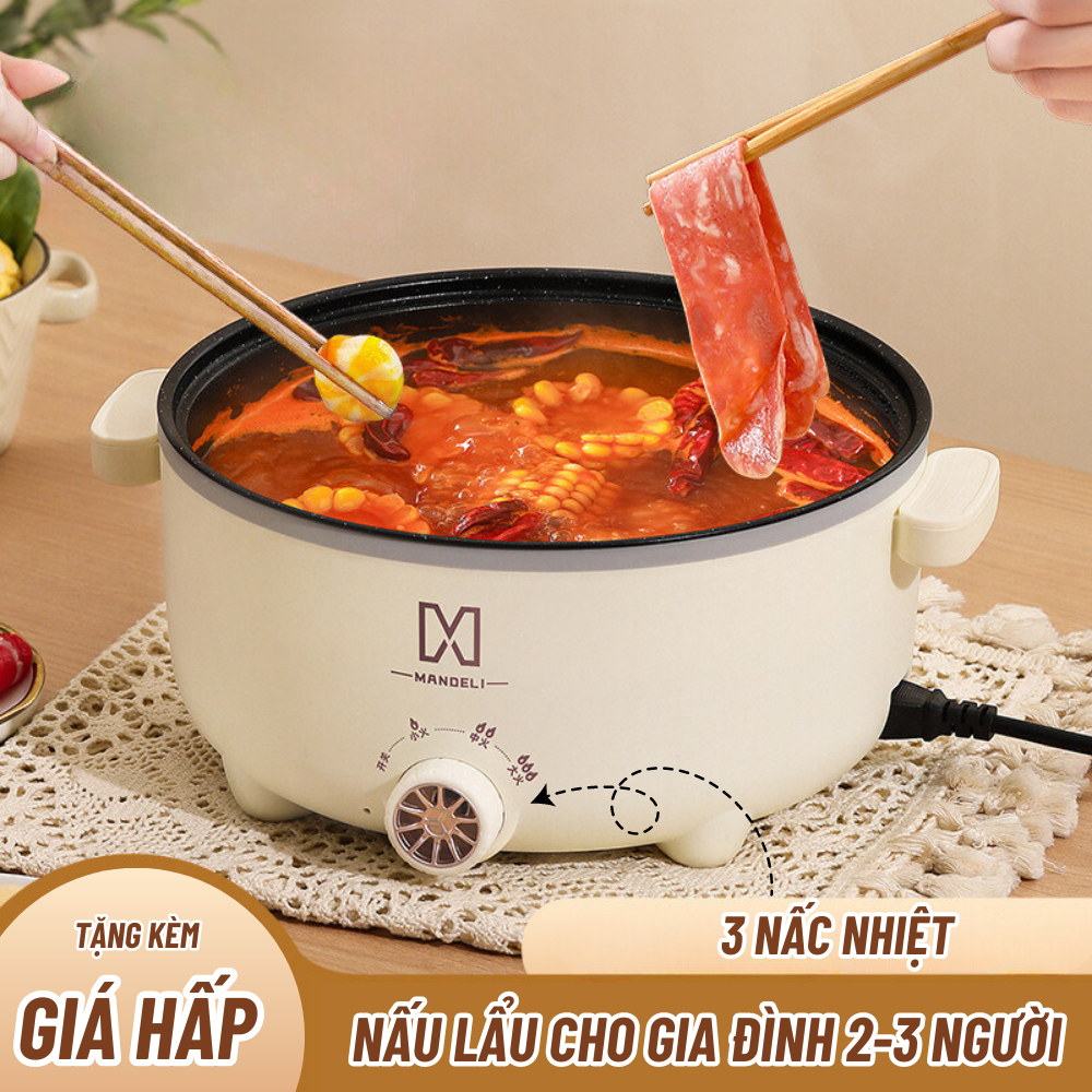 Nồi Lẩu Điện Đa Năng Mini MANDELI Cao Cấp, Nồi Điện Đa Năng Kèm Xửng Hấp Inox Dung Tích 4L Phù Hợp Cho Gia đình