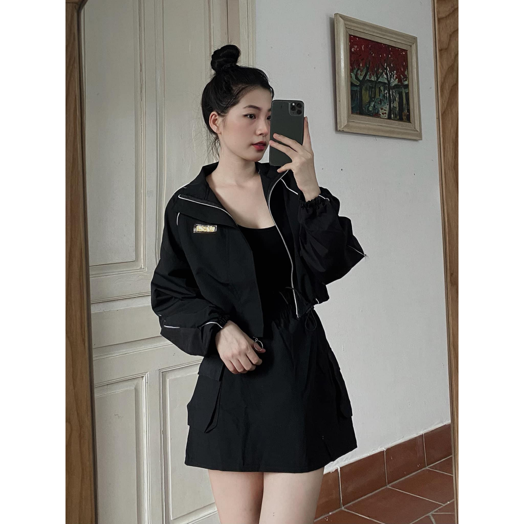 Áo khoác nữ kiểu dáng croptop chất liệu đũi gió logo CNC hai lớp cao cấp mẫu mới hot 2023 M3