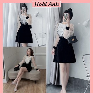 Váy nhung cổ ren hoa phối tay ren bi đầm nhung cứng dài tay freesize