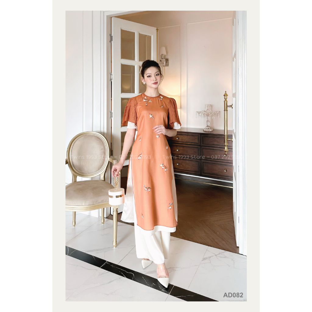 Áo dài cách tân KÈM QUẦN Twins Store, chất tơ óng đính hoa thêu đính cườm 3D thủ công - AD082