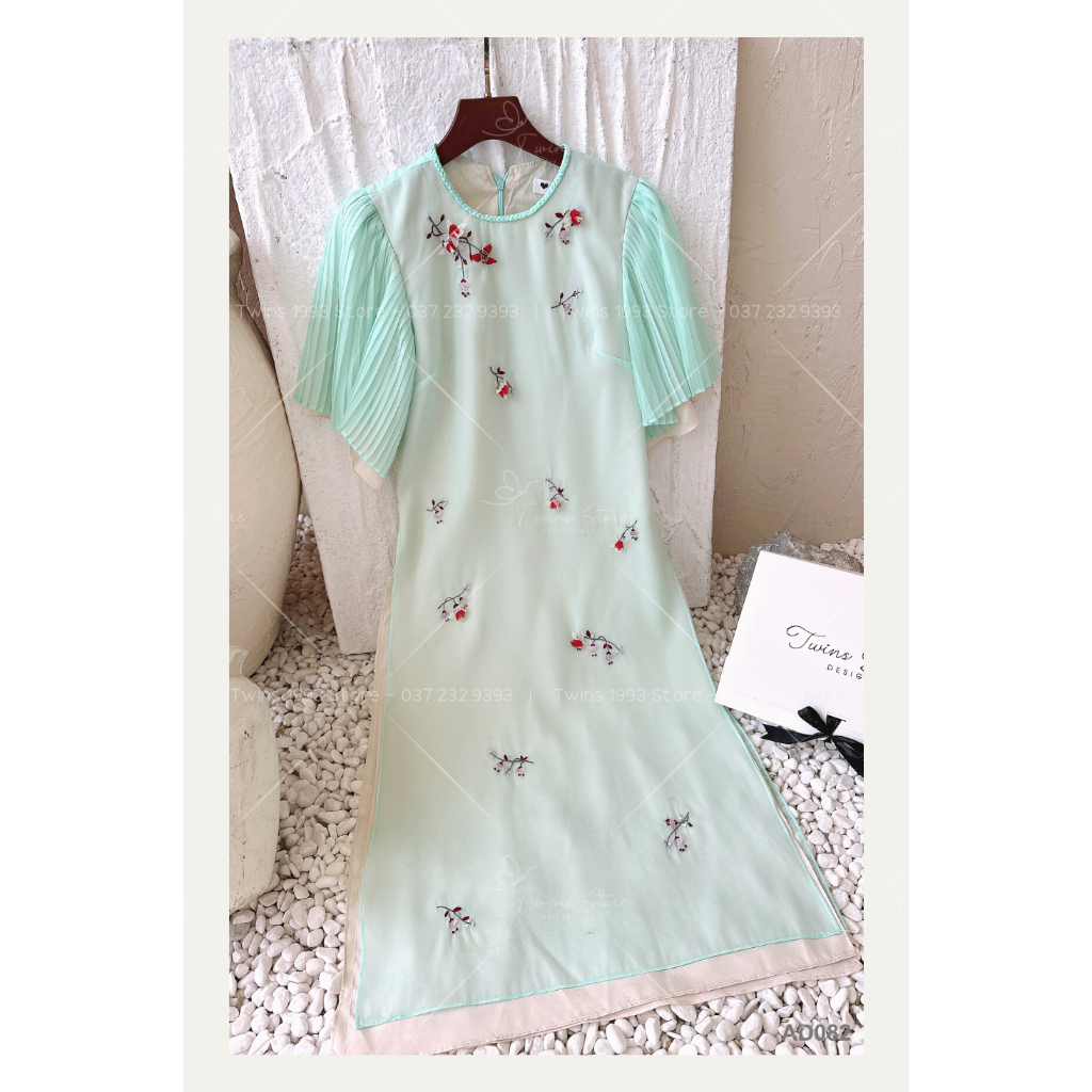 Áo dài cách tân KÈM QUẦN Twins Store, chất tơ óng đính hoa thêu đính cườm 3D thủ công - AD082