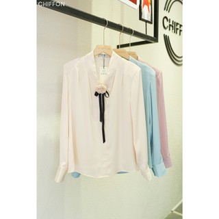 Áo sơ mi nữ lụa gân cài hoa cổ tim cao cấp Chiffon