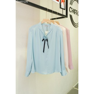 Áo sơ mi nữ lụa gân cài hoa cổ tim cao cấp Chiffon