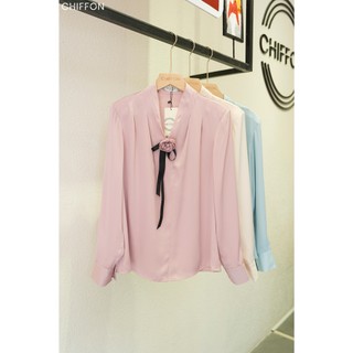 Áo sơ mi nữ lụa gân cài hoa cổ tim cao cấp Chiffon