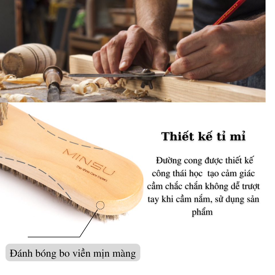 Bàn Chải Đánh Giày Lông Heo 2 Mặt Đa Năng MINSU M2432 Vệ Sinh làm Sạch, Đánh Bóng, Lấy Và Quét Xi Cho Giày Da, Sneaker