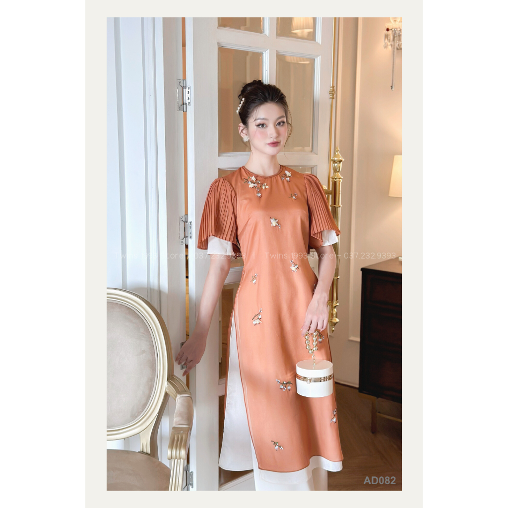 Áo dài cách tân KÈM QUẦN Twins Store, chất tơ óng đính hoa thêu đính cườm 3D thủ công - AD082