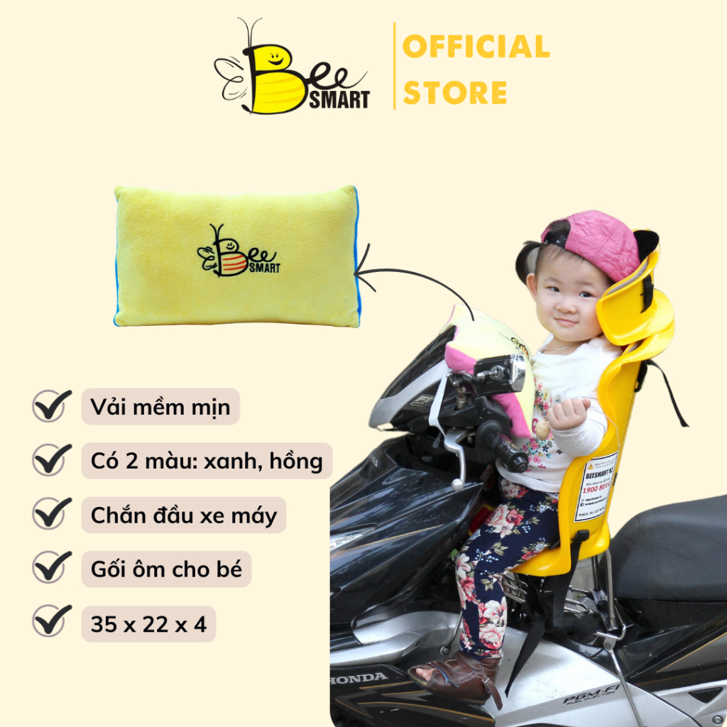 Gối Chắn Đầu Xe Máy Bảo Vệ Cho Bé - BEESMART - Vải Mềm Mịn Có Đai Chắc Chắn Chống Tuột Màu Xanh Và Hồng