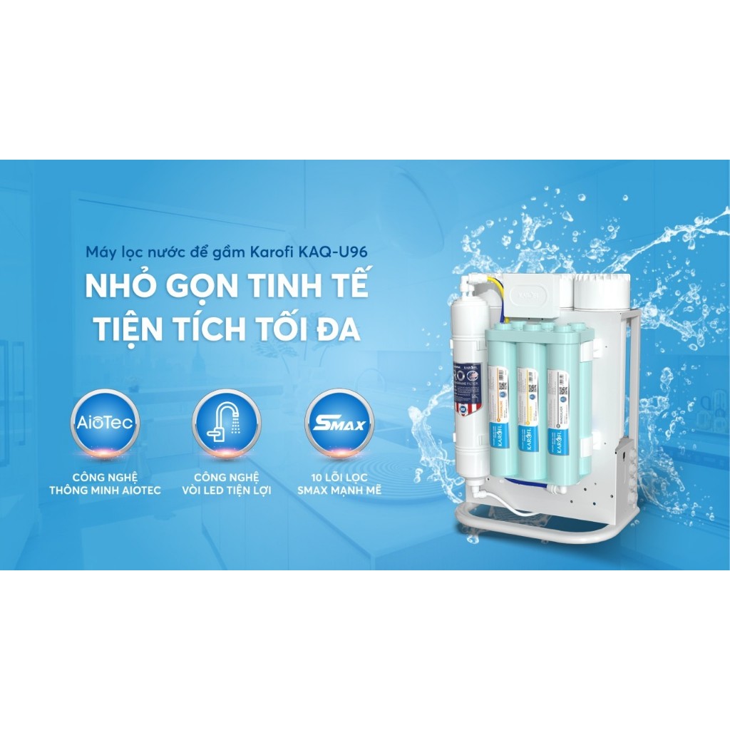 Máy lọc nước RO Karofi KAQ-U96 thế hệ 2022 để gầm 10 lõi, màng RO Purifim Mỹ 100G, vòi LED, bảo hành 36 tháng