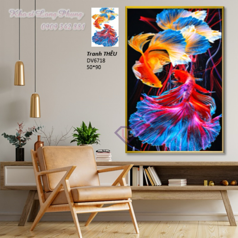 Tranh Đính Đá 5D -Tranh Thêu Chữ Thập Cao Cấp Dream Valley CÁ CHÉP VỌNG NGUYỆT mẫu mới DV6718 :50 x90   cm