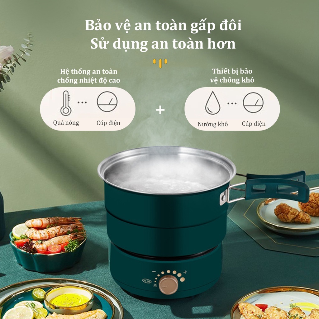 Nồi Lẩu Điện Đa Năng Kèm Chảo Chống Dính Công Suất 500W, Có Tay Cầm Gấp Gọn Khay Hấp Mang Đi Du Lịch Dã Ngoại Tiện Dụng