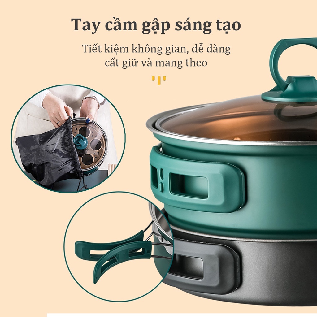 Nồi Lẩu Điện Đa Năng Kèm Chảo Chống Dính Công Suất 500W, Có Tay Cầm Gấp Gọn Khay Hấp Mang Đi Du Lịch Dã Ngoại Tiện Dụng