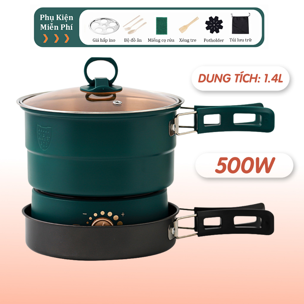 Nồi Lẩu Điện Đa Năng Kèm Chảo Chống Dính Công Suất 500W, Có Tay Cầm Gấp Gọn Khay Hấp Mang Đi Du Lịch Dã Ngoại Tiện Dụng