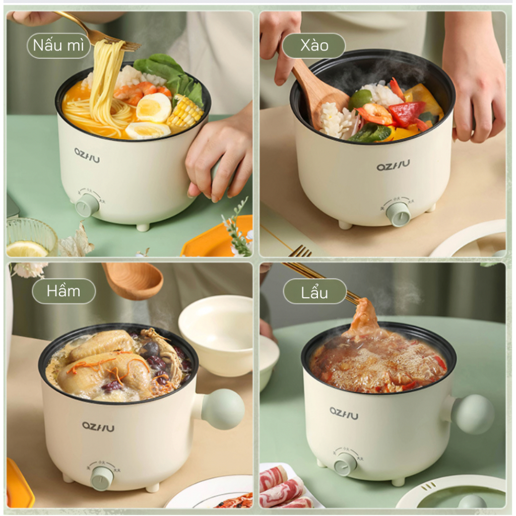 Nồi Lẩu Điện Mini Shanban 2 NẤC NHỆT Tay Cầm Tiện Dụng, Ca Nấu Mì 2 Tầng Kèm Giá Hấp Đa Năng Chiên Chống Dính Vân Đá