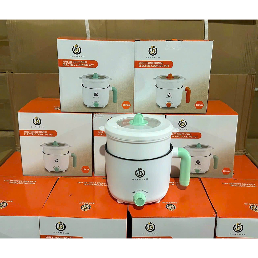 Nồi Lẩu Điện Mini Shanban 2 NẤC NHỆT Tay Cầm Tiện Dụng, Ca Nấu Mì 2 Tầng Kèm Giá Hấp Đa Năng Chiên Chống Dính Vân Đá