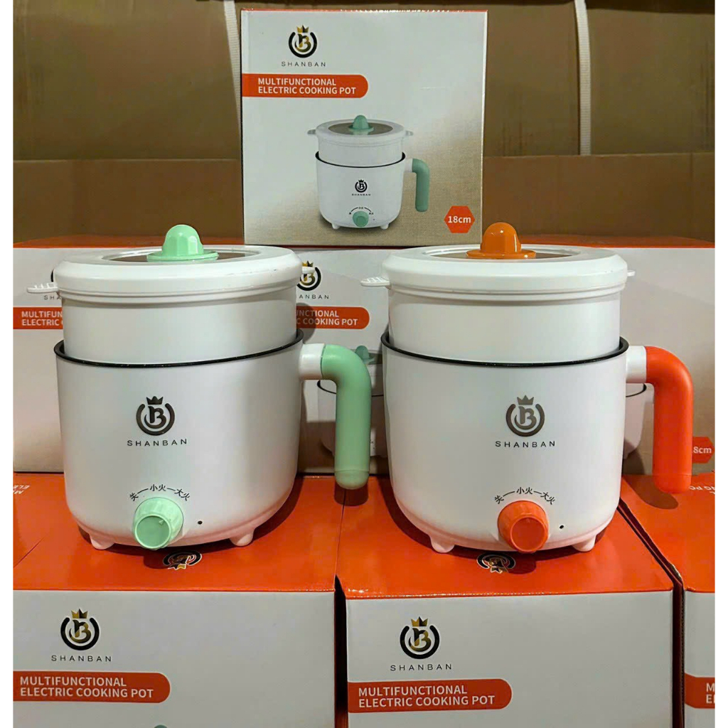 Nồi Lẩu Điện Mini Shanban 2 NẤC NHỆT Tay Cầm Tiện Dụng, Ca Nấu Mì 2 Tầng Kèm Giá Hấp Đa Năng Chiên Chống Dính Vân Đá