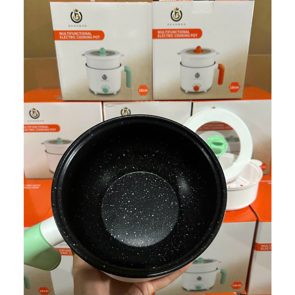 Nồi Lẩu Điện Mini Shanban 2 NẤC NHỆT Tay Cầm Tiện Dụng, Ca Nấu Mì 2 Tầng Kèm Giá Hấp Đa Năng Chiên Chống Dính Vân Đá