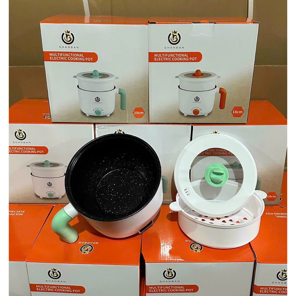 Nồi Lẩu Điện Mini Shanban 2 NẤC NHỆT Tay Cầm Tiện Dụng, Ca Nấu Mì 2 Tầng Kèm Giá Hấp Đa Năng Chiên Chống Dính Vân Đá