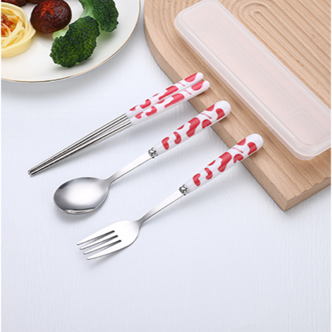 Bộ thìa dĩa đũa bò sữa hồng BTDD2a có hộp đựng văn phòng du lịch dã ngoại