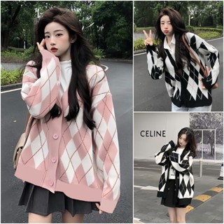 Áo Khoác Cardigan Nỉ Bông Kẻ Ô Trám Form Rộng Tay Phồng