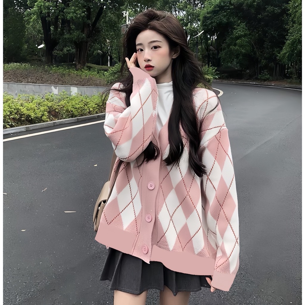 Áo Khoác Cardigan Nỉ Bông Kẻ Ô Trám Form Rộng Tay Phồng