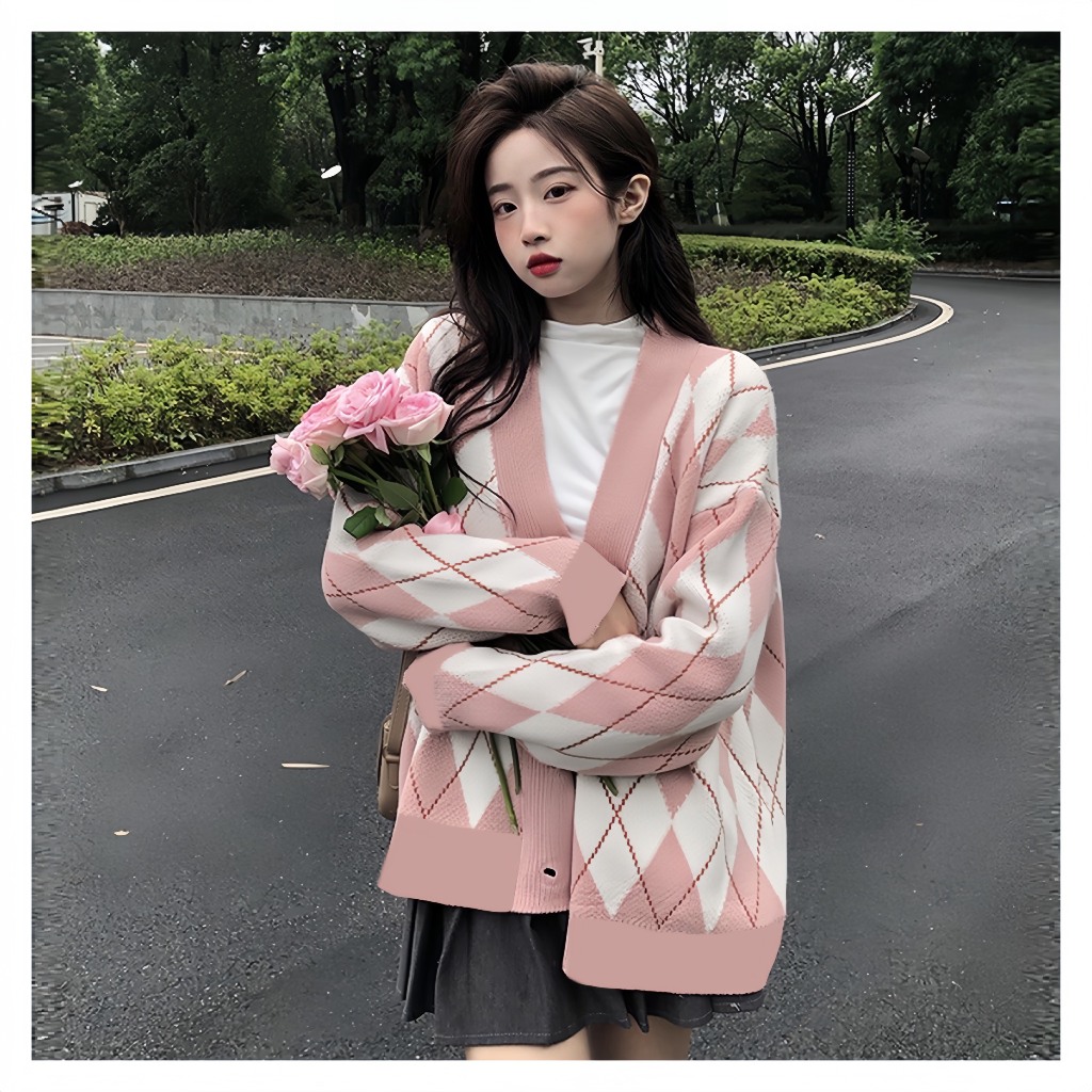 Áo Khoác Cardigan Nỉ Bông Kẻ Ô Trám Form Rộng Tay Phồng