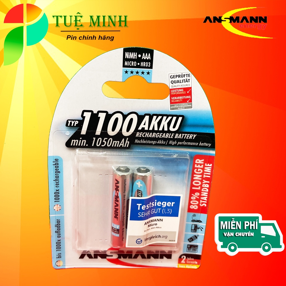 Pin sạc AAA 1100mah / 800mah Ansmann, pin NIMH tuổi thọ 1000 lần sạc