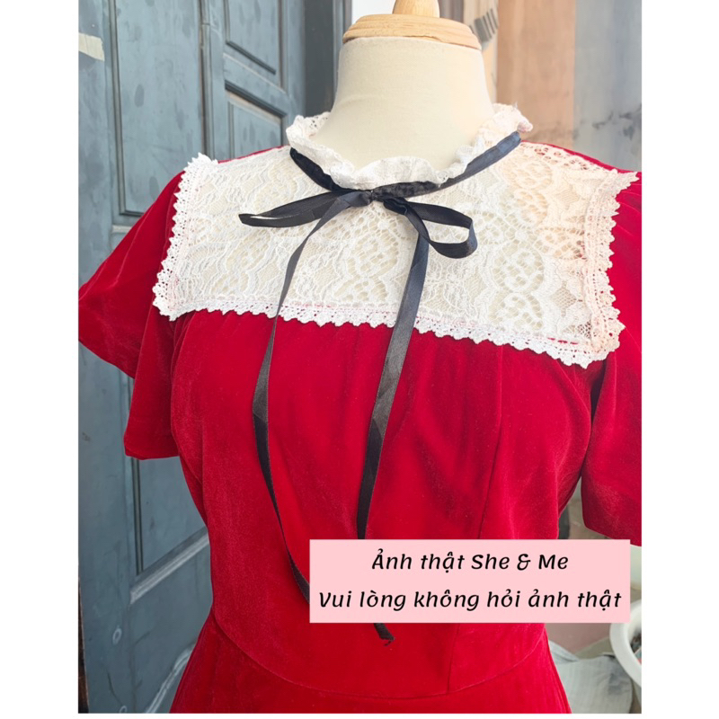 Hera Dress_Đầm Nữ Nhung Thắt Nơ Phối Ren Hai Lớp Siêu Đẹp