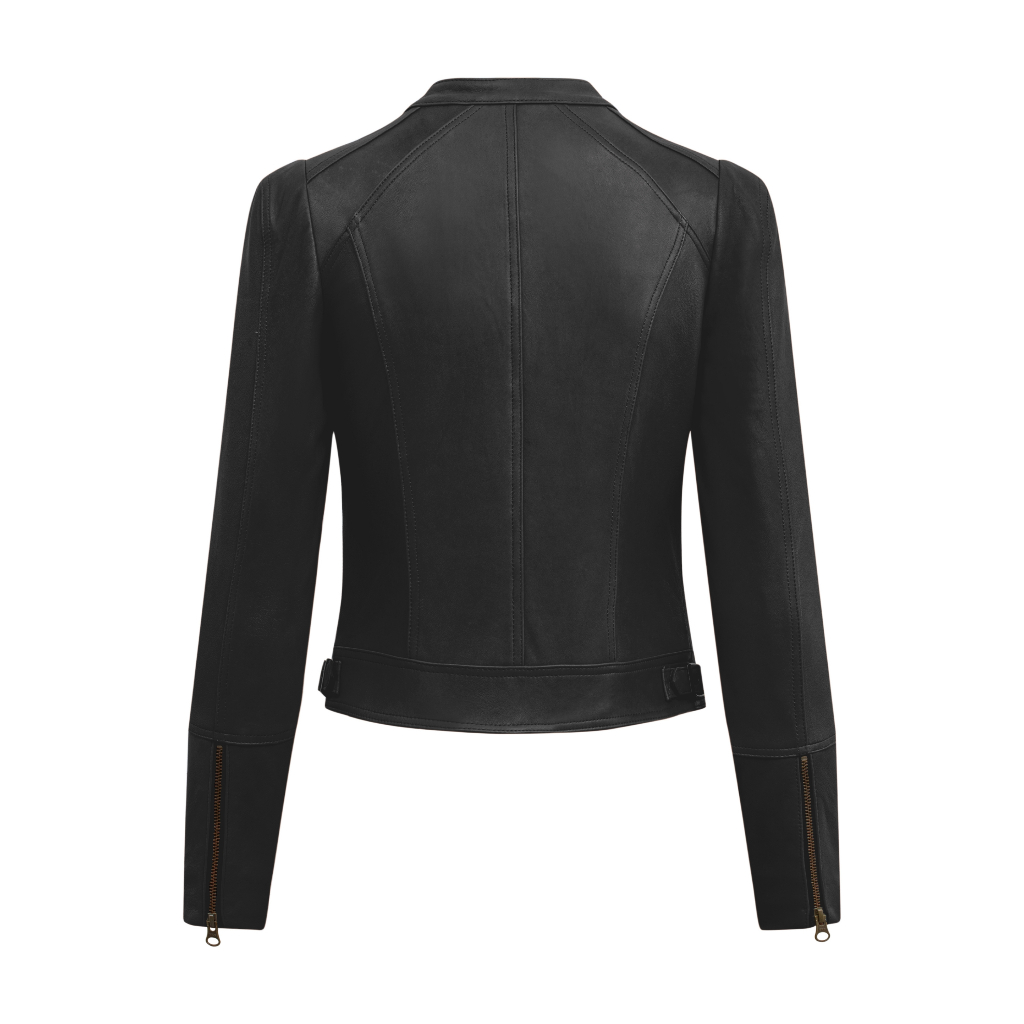 Áo Da Nữ FTT Leather Racer Jacket Da Cừu Họa tiết Gân Dọc Tay Trơn - Mã AN204C