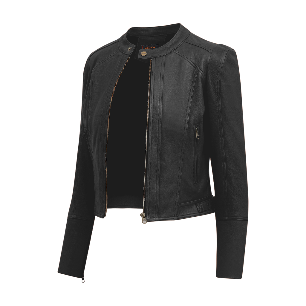 Áo Da Nữ FTT Leather Racer Jacket Da Cừu Họa tiết Gân Dọc Tay Trơn - Mã AN204C