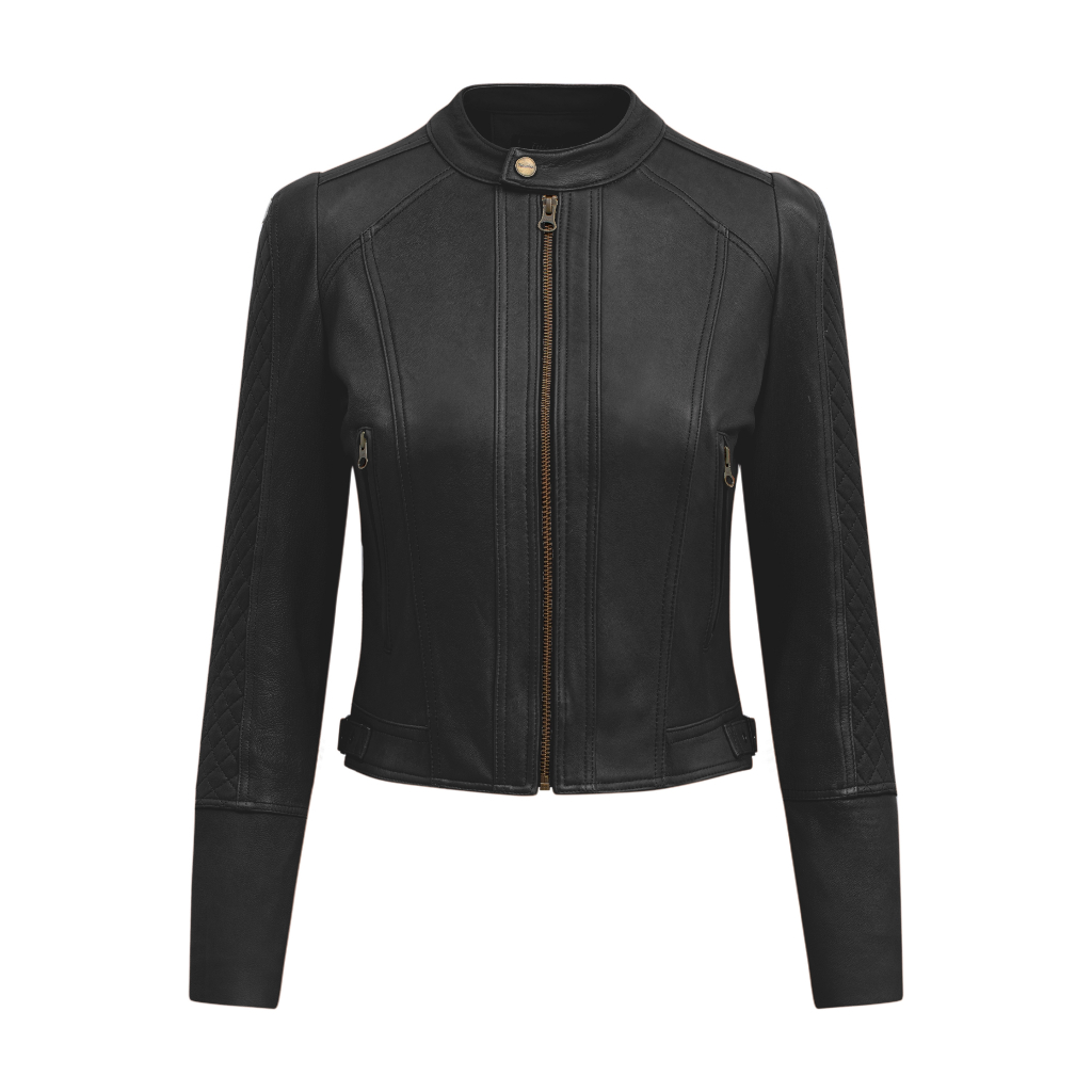 Áo Da Nữ FTT Leather Racer Jacket Da Cừu Họa tiết Gân Dọc Tay Chần Trám - Mã AN203C