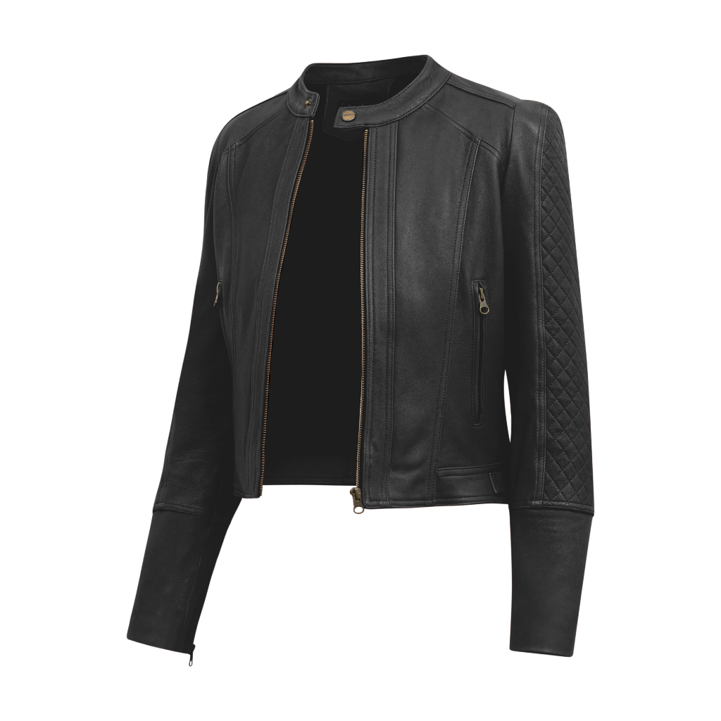 Áo Da Nữ FTT Leather Racer Jacket Da Cừu Họa tiết Gân Dọc Tay Chần Trám - Mã AN203C