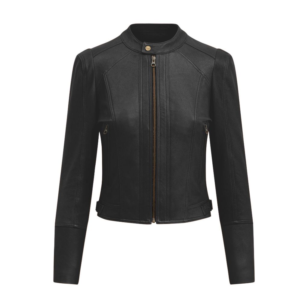 Áo Da Nữ FTT Leather Racer Jacket Da Cừu Họa tiết Gân Dọc Tay Trơn - Mã AN204C