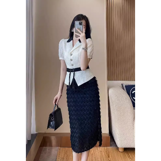 Áo Sơ Mi + Chân Váy Chữ A Dáng Dài, Set Đồ Nữ Siêu Xinh, Chất Vãi Mát Không Bị Nhăn, Có Đủ Size.