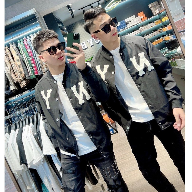 Áo khoác Bomber Varsity M.L.B Ny Thêu Logo Cam form rộng Phối Tay Da Cực Hot 2023