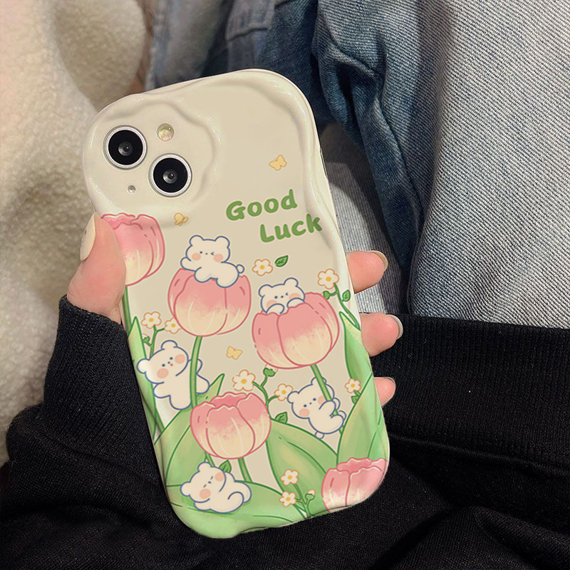 Ốp lưng TPU Viền Sóng Hoa Tulip Hồng Nền Xanh GoodLuck Cho Iph 6s/6splus/7/7plus/8/8plus/x/11/12/13/14/max/promax sk1619