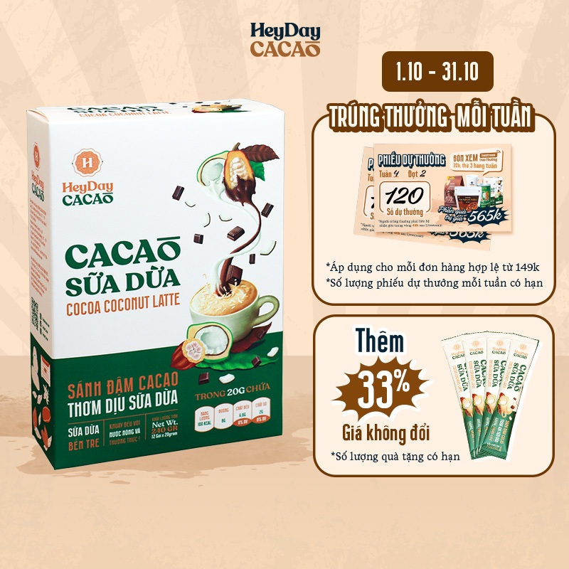 Bột Cacao Sữa Dừa Heyday - Hộp Giấy 12 Gói Tiện Lợi 20g - Bột cacao sữa dừa tự nhiên, thuần chay - Heyday Cacao