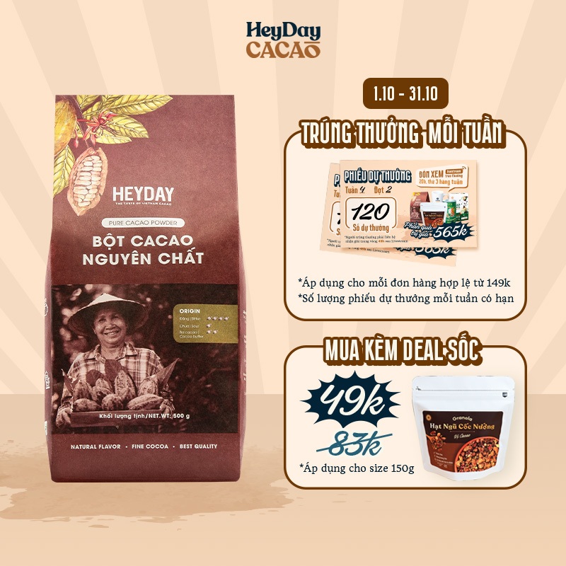 Túi 500g Bột cacao nguyên chất 100% không đường Heyday - Dòng Origin thượng hạng - Chuẩn UTZ Quốc Tế