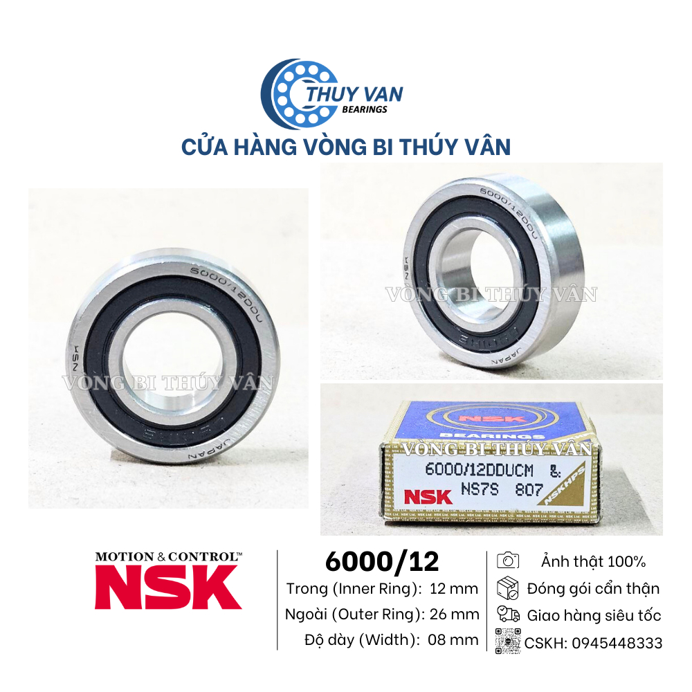 Vòng bi bạc đạn hạt tròn nhỡ 6000, lỗ trong 12, 6000/12, (12x26x8), nắp cao su DDU, hãng NSK Nhật Bản