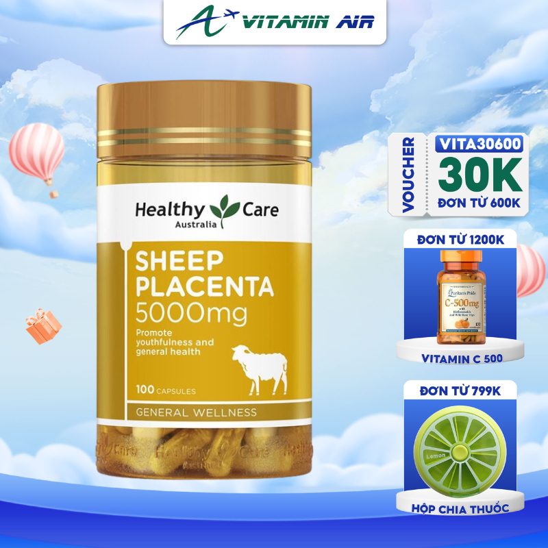 Viên uống nhau thai cừu Healthy Care Sheep Placenta 5000mg chống lão hóa, giúp da căng mịn 100 viên của Úc