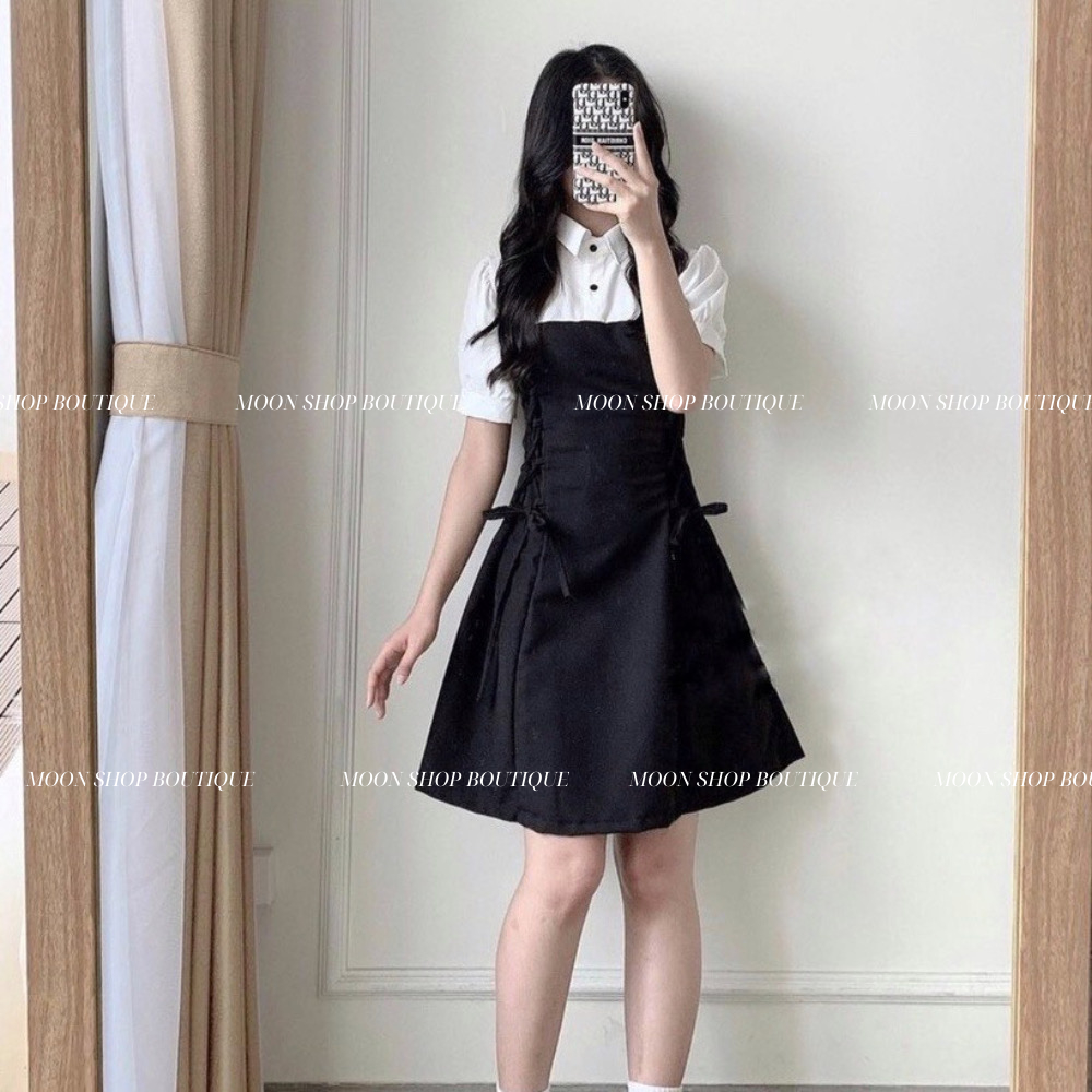 Váy cổ sơ mi kiểu nữ sinh Hàn Quốc, váy dáng xoè có dây đan hai bên eo dễ thương